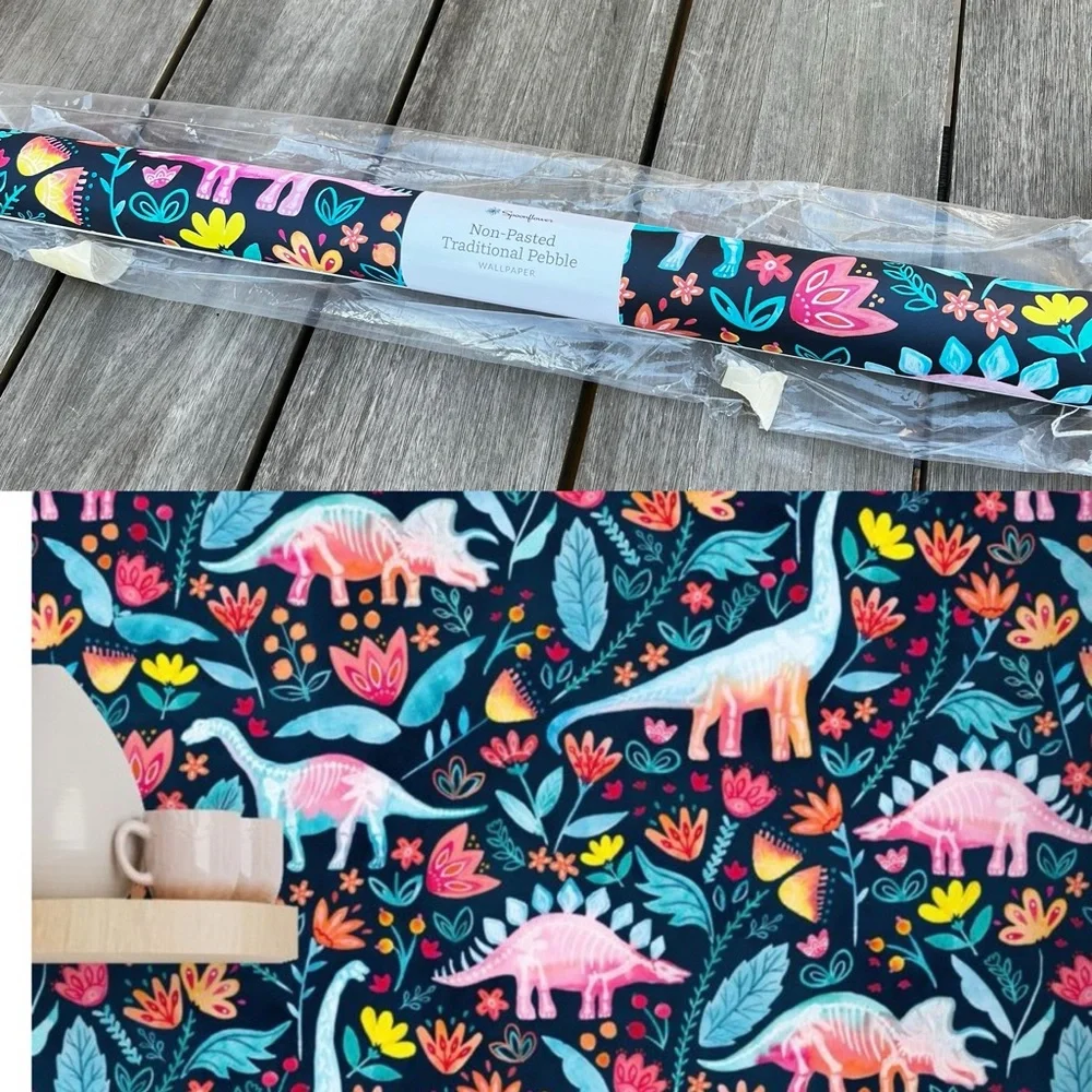 Spoonflower Dinosaur Delight Non-Pasted Traditional Pebble Wallpaper One Roll
